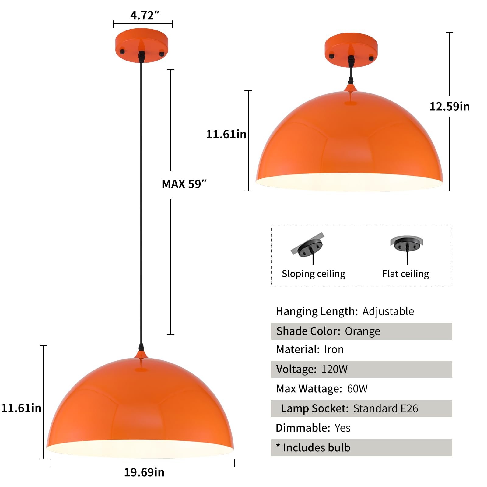 19.7" Orange Oversized Farmhouse Pendant Light 2-Pack - Image 6