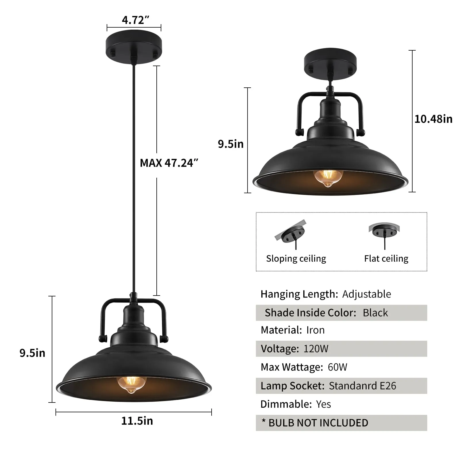 12.5" Black Modern Farmhouse Pendant Light 2-Pack - Image 3