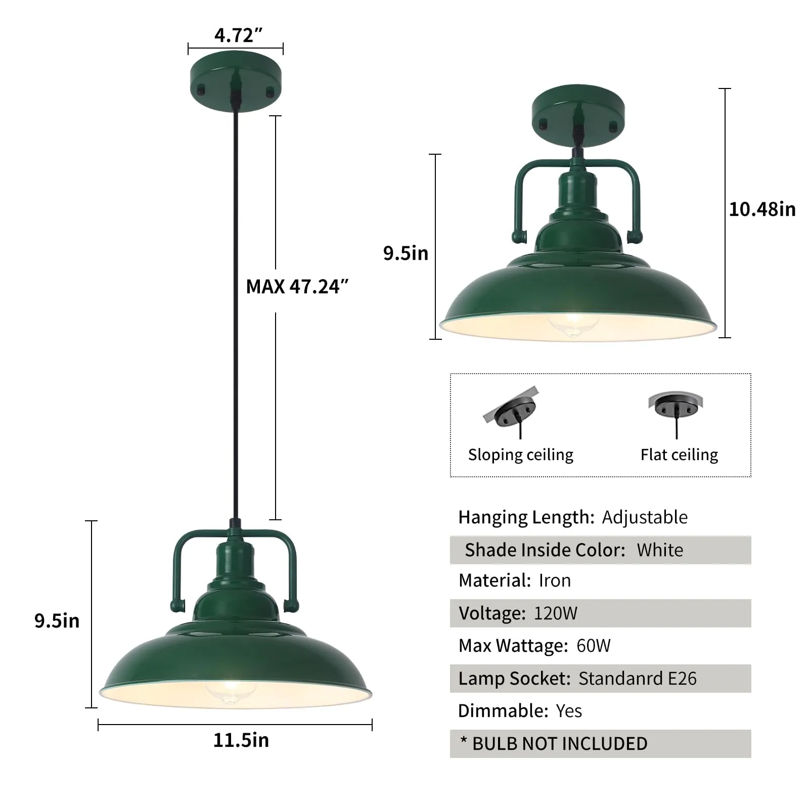 12.5" Green Modern Farmhouse Pendant Light 2-Pack - Image 3