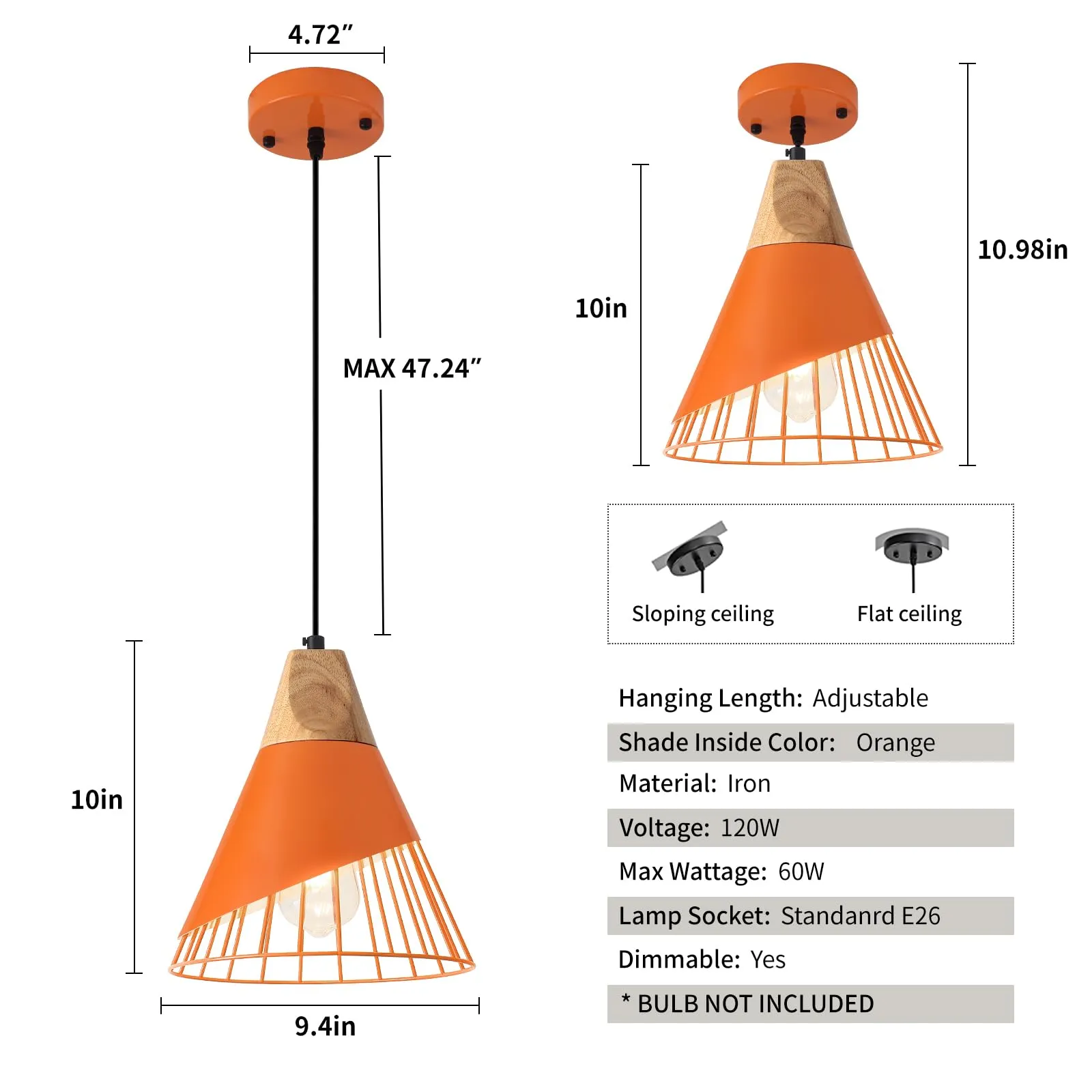 9.4" Orange Farmhouse Pendant Light 2-Pack - Image 5