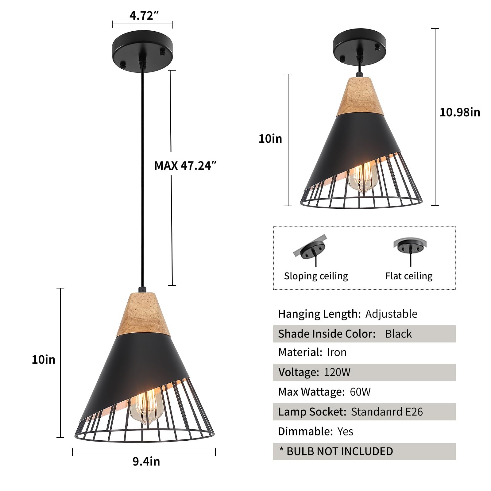 9.4" Black Farmhouse Pendant Light 3-Pack - Image 5