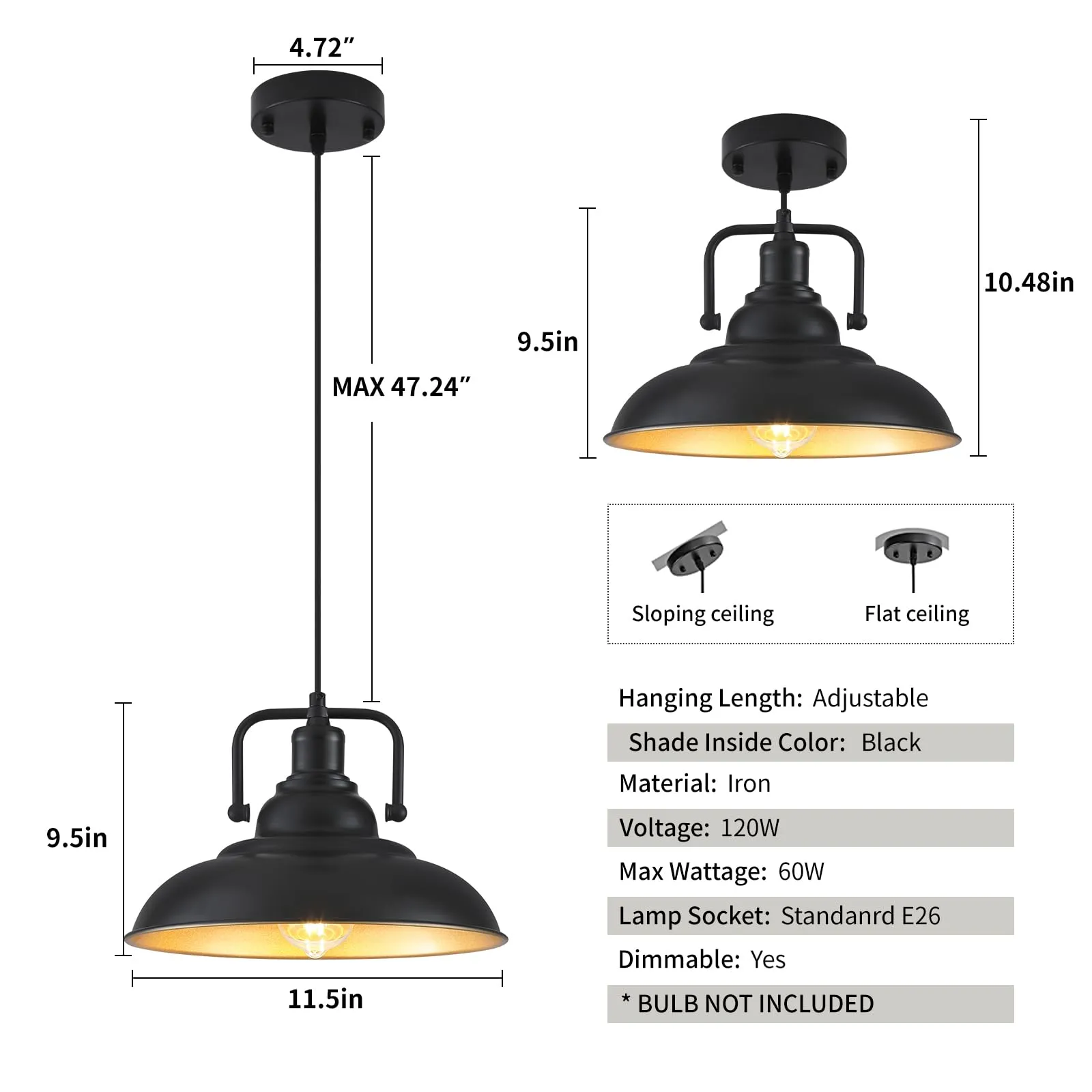 12.5" Black and Gold Farmhouse Pendant Light 3-Pack - Image 5