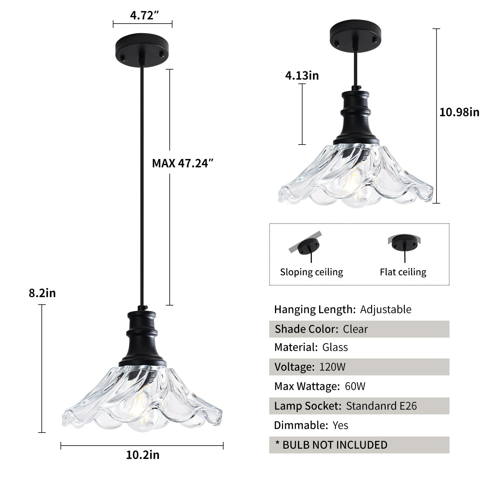 10" Black Modern Farmhouse Pendant Light with Clear Glass 2-Pack - Image 3