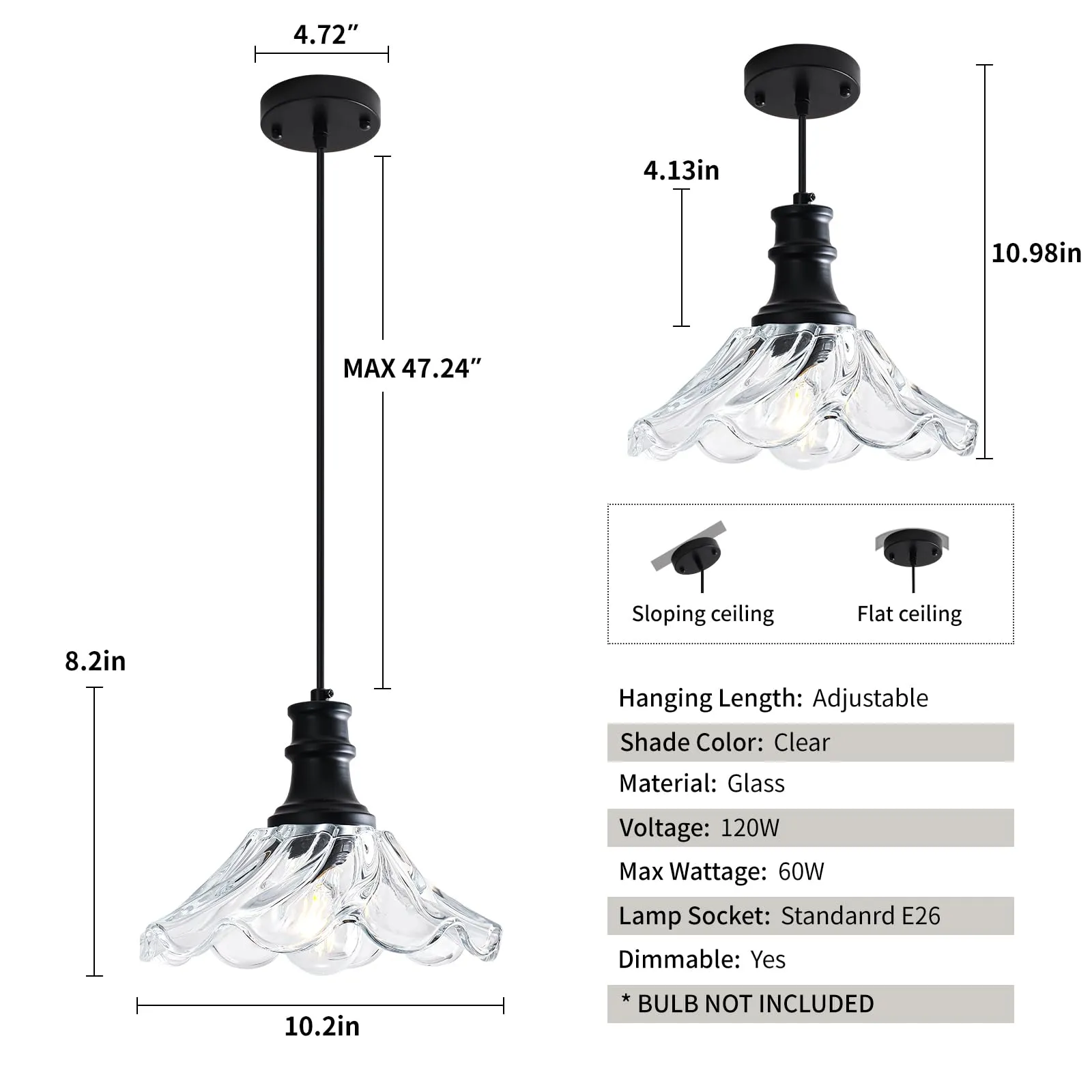 10" Black Modern Farmhouse Pendant Light with Clear Glass 2-Pack - Image 3