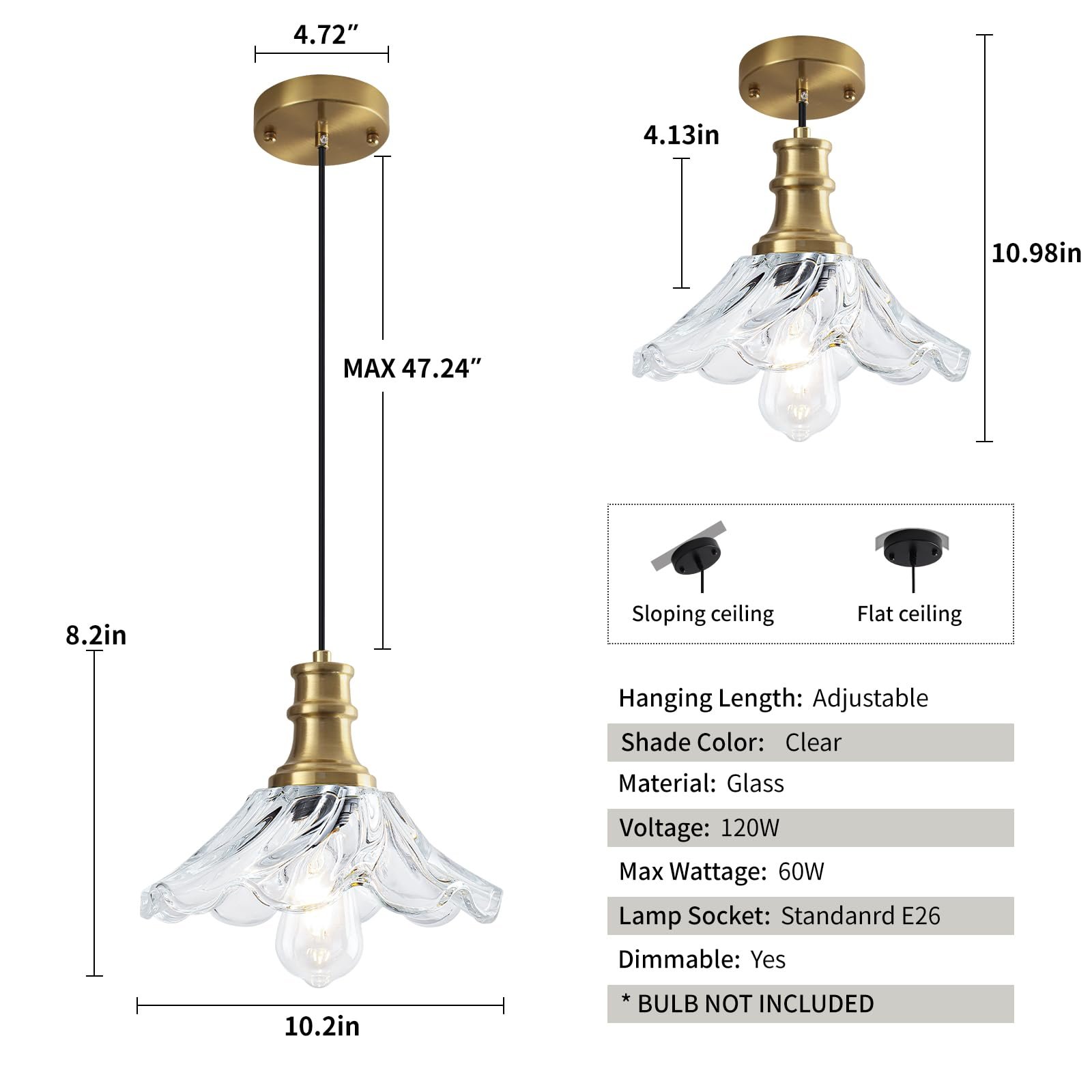 10" Gold Modern Farmhouse Pendant Light with Clear Glass 2-Pack - Image 3