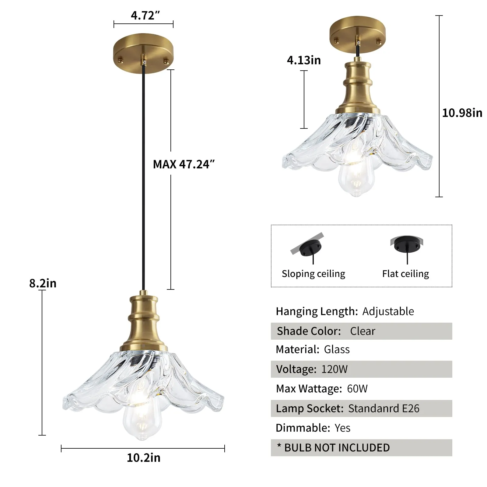 10" Gold Modern Farmhouse Pendant Light with Clear Glass 2-Pack - Image 3