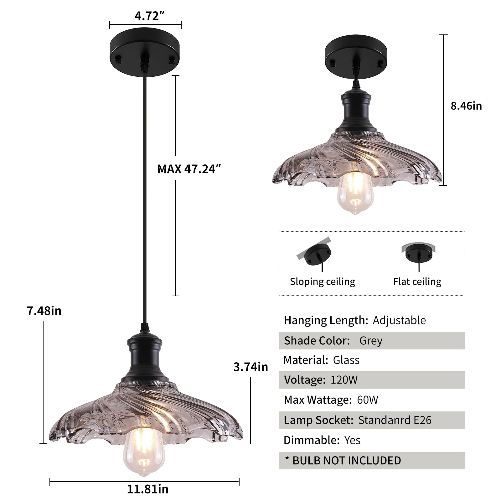 12" Black and Gray Farmhouse Pendant Light - Image 6