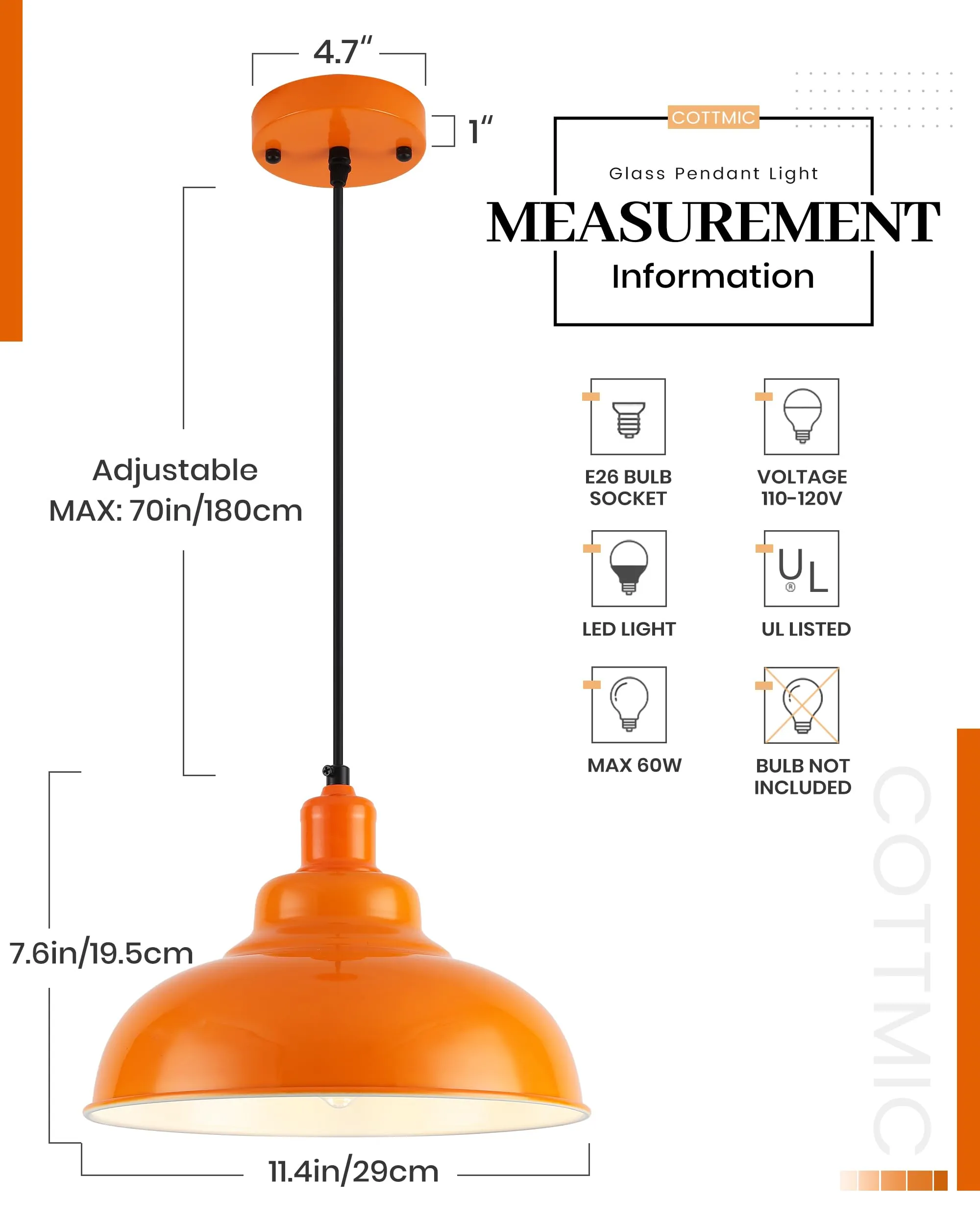 11.4" Orange Dome Farmhouse Industrial Pendant Light 3-Pack - Image 5