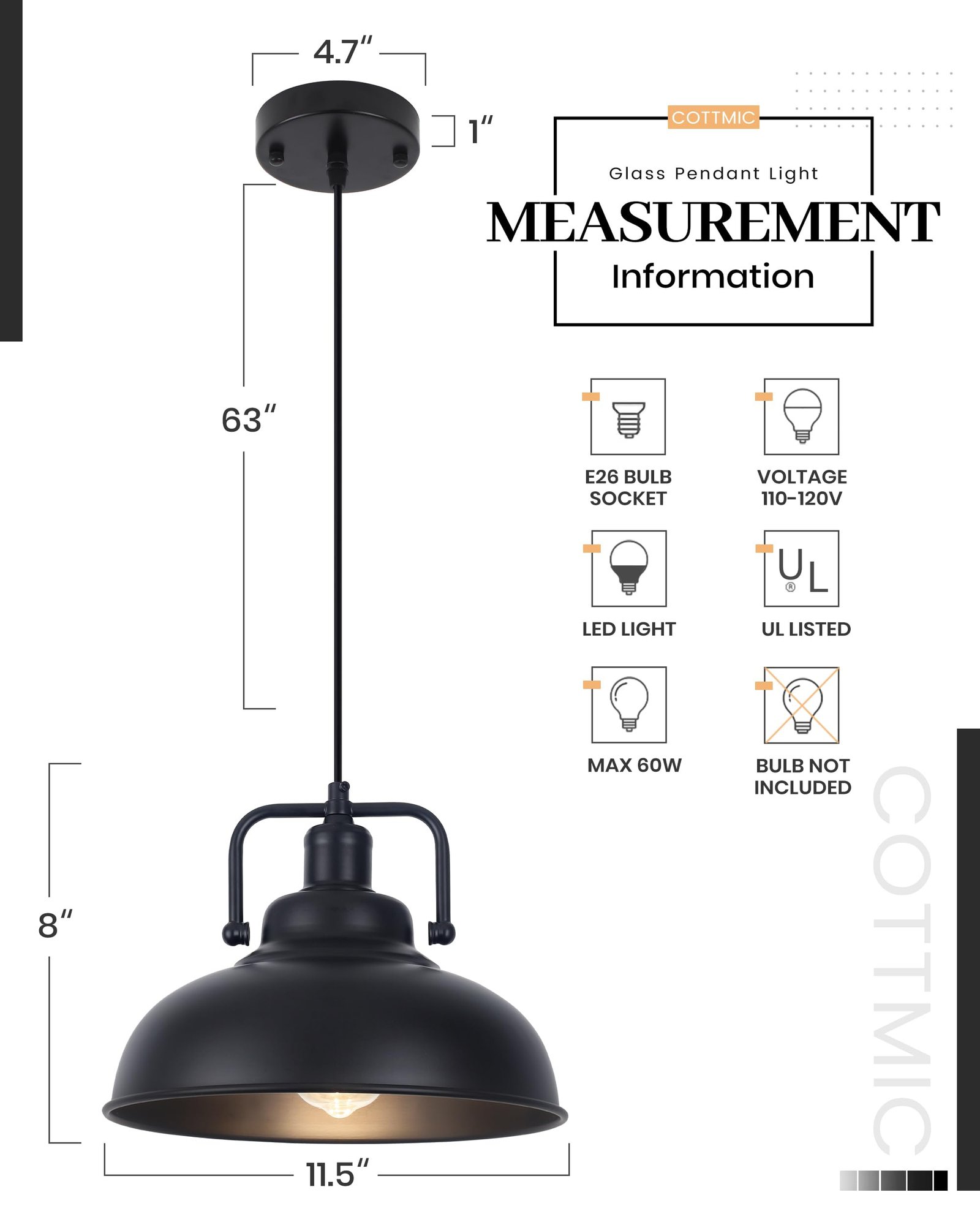 11.4" Black Vintage Farmhouse Pendant Light 2-Pack - Image 7