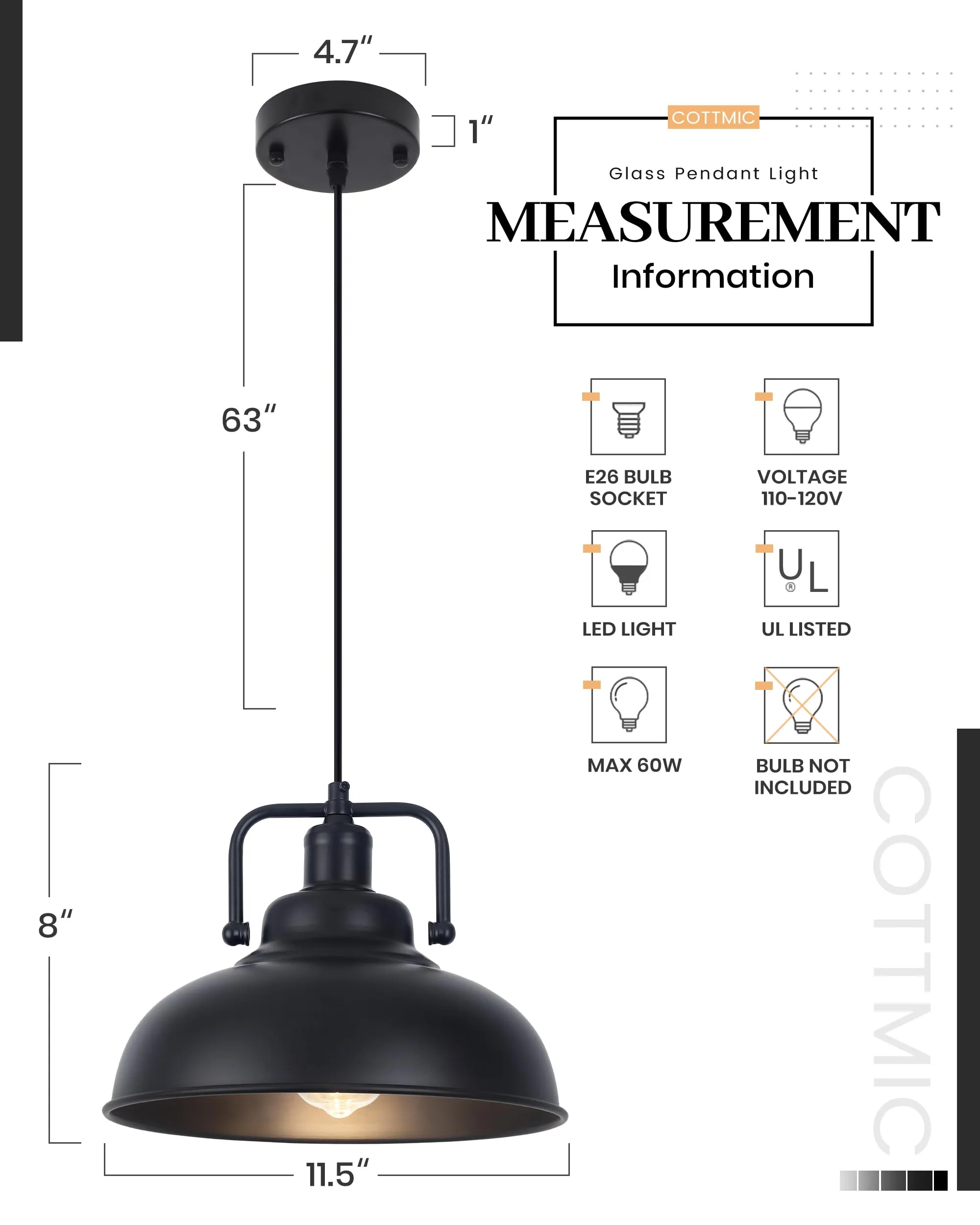 11.4" Black Vintage Farmhouse Pendant Light 2-Pack - Image 7