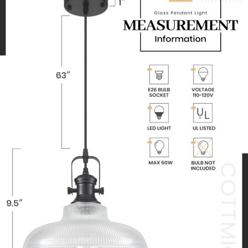 12" Black Ribbed Glass Farmhouse Pendant Light