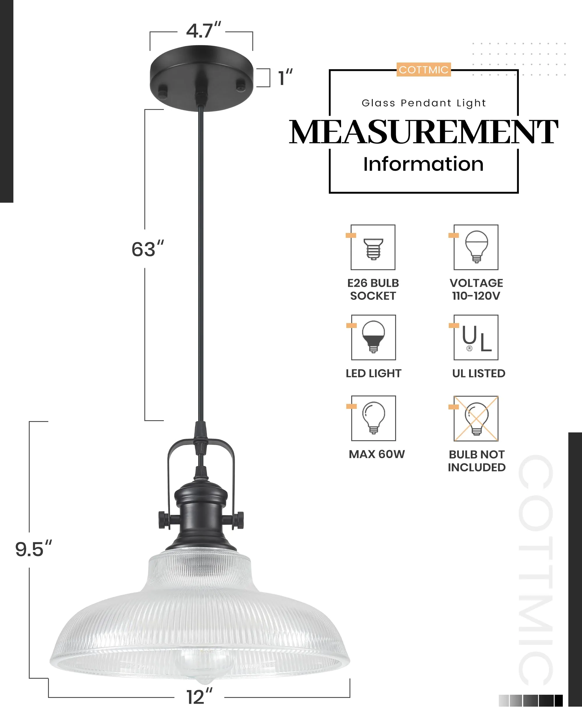 12" Black Modern Farmhouse Pendant Light 2-Pack - Image 4
