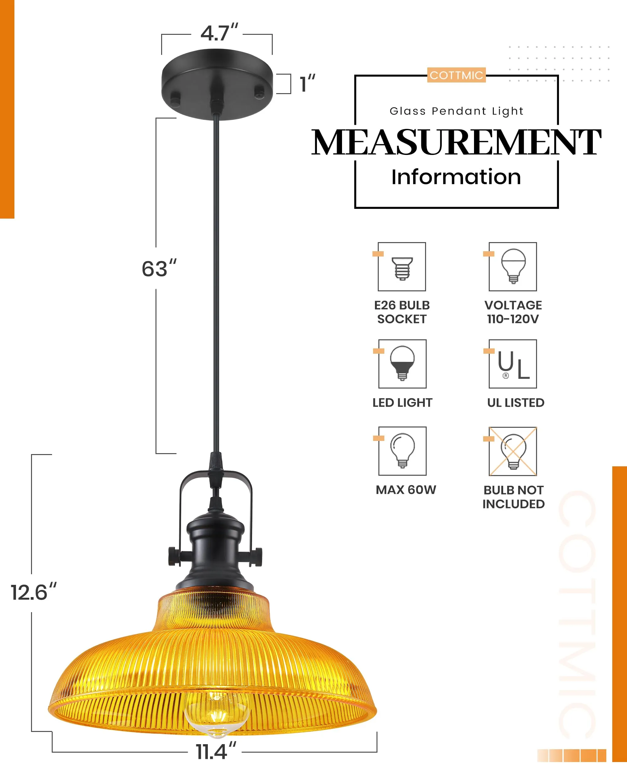 12" Orange Ribbed Glass Farmhouse Pendant Light 2-Pack - Image 2