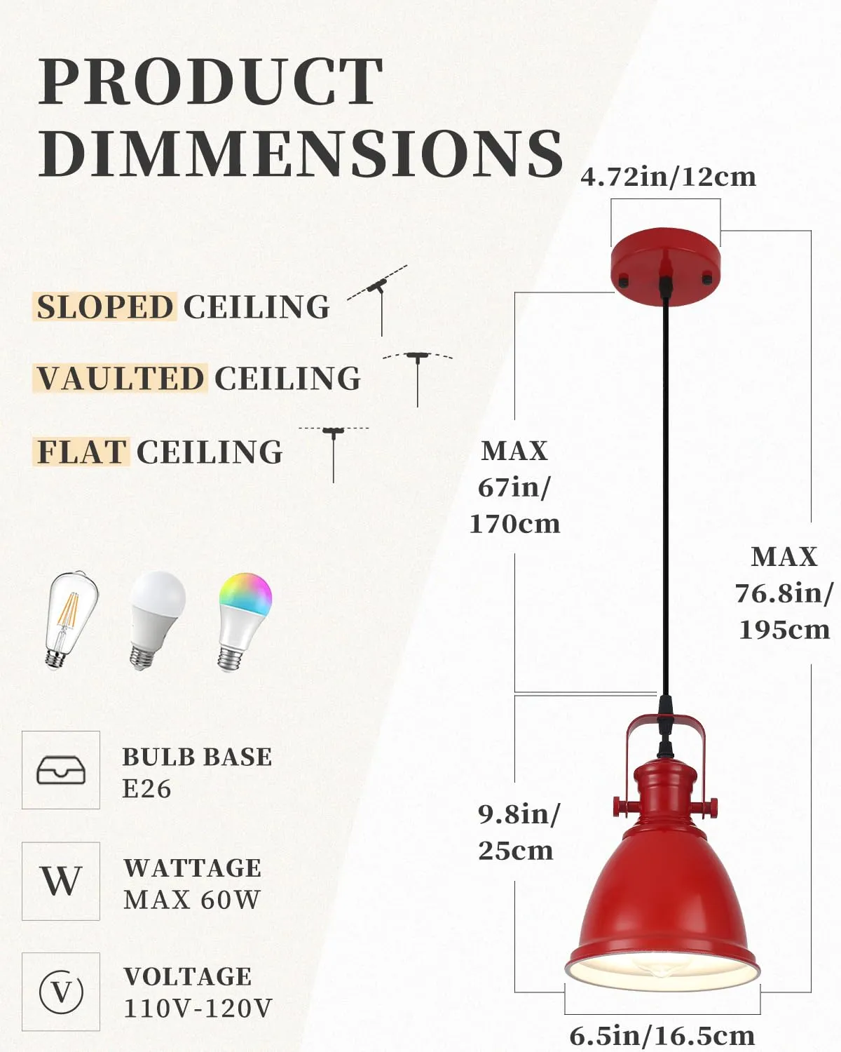 6.5" Red Vintage Farmhouse Pendant Light 3-Pack - Image 3
