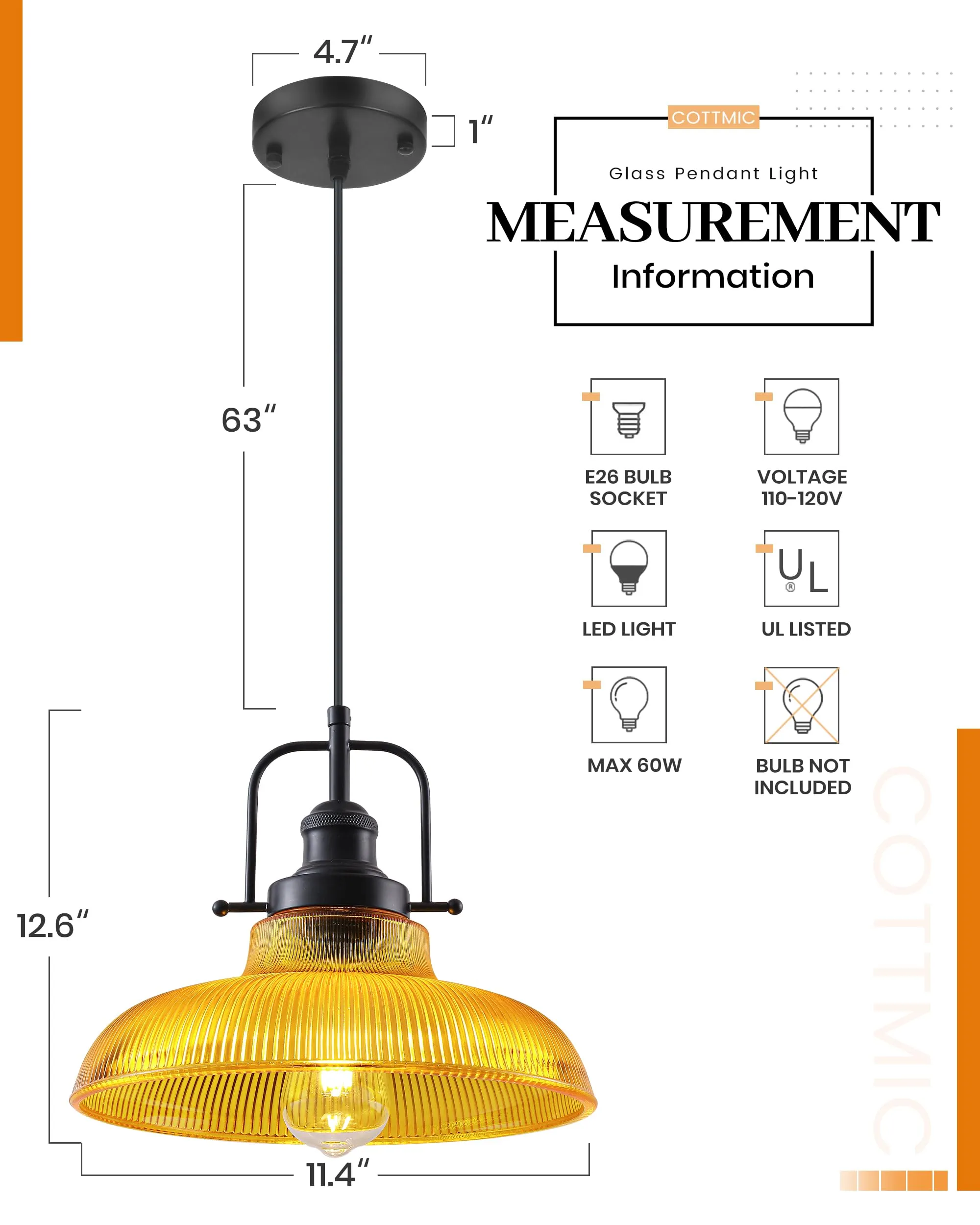 12" Orange Ribbed Glass Farmhouse Pendant Light 2-Pack - Image 7