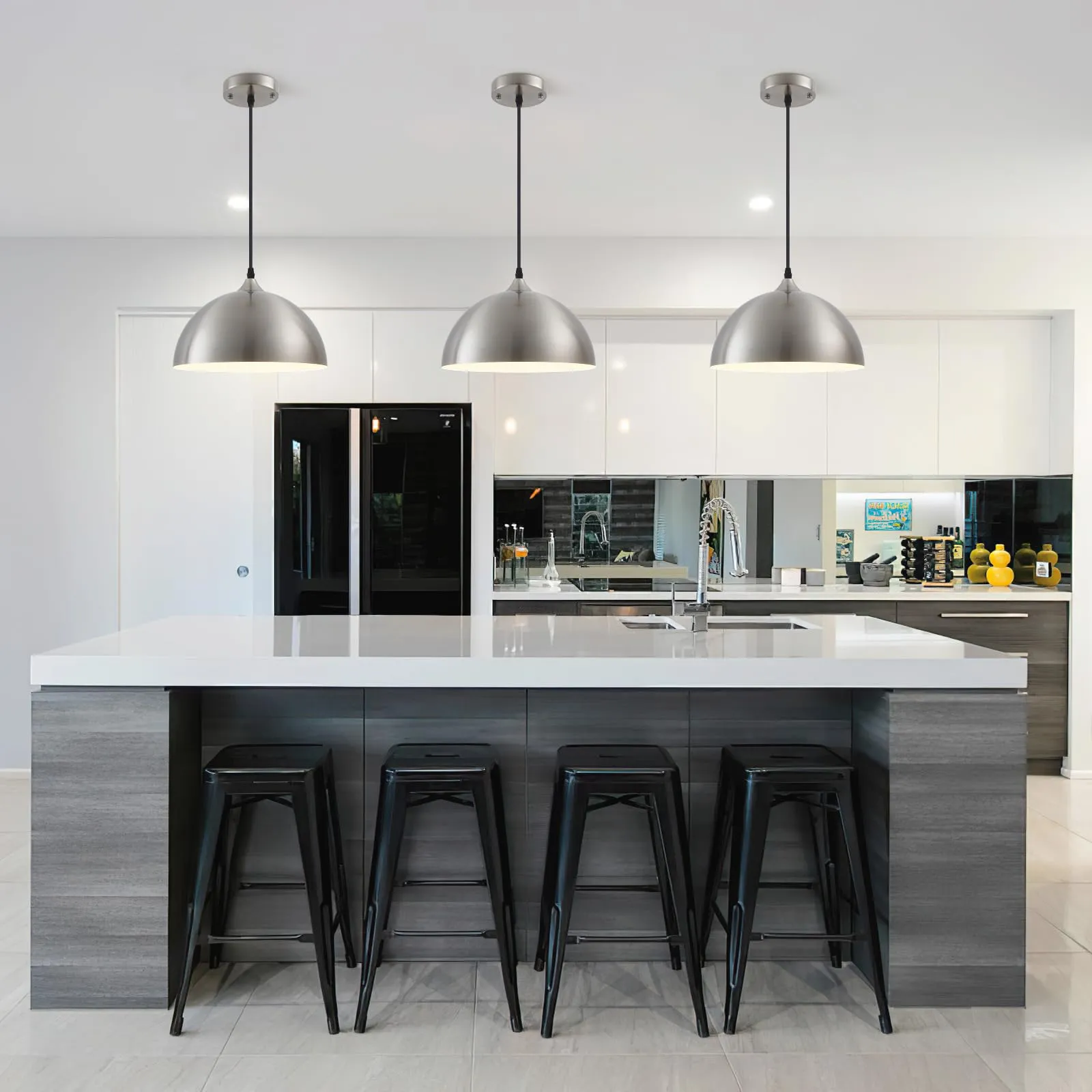 11.8" Brushed Nickel Farmhouse Dome Pendant Light 3-Pack - Image 4
