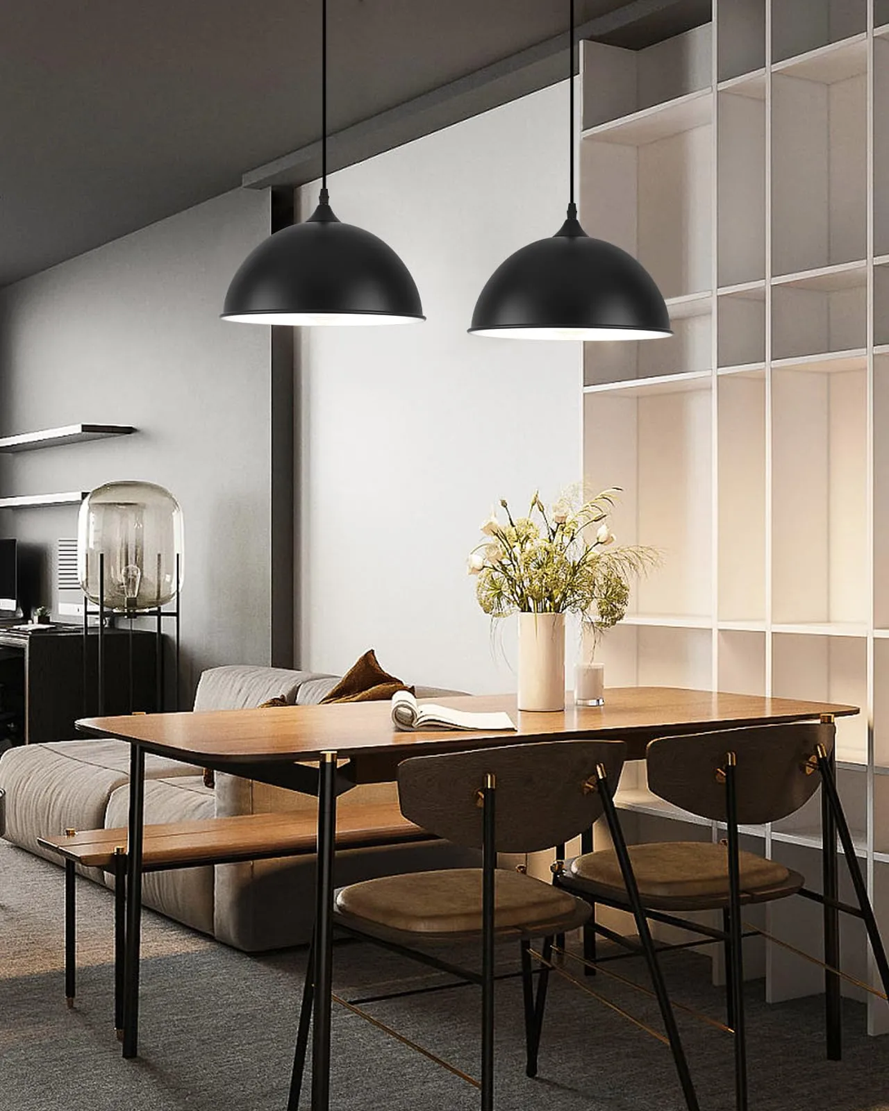 11.8" Black Farmhouse Dome Pendant Light 2-Pack - Image 3