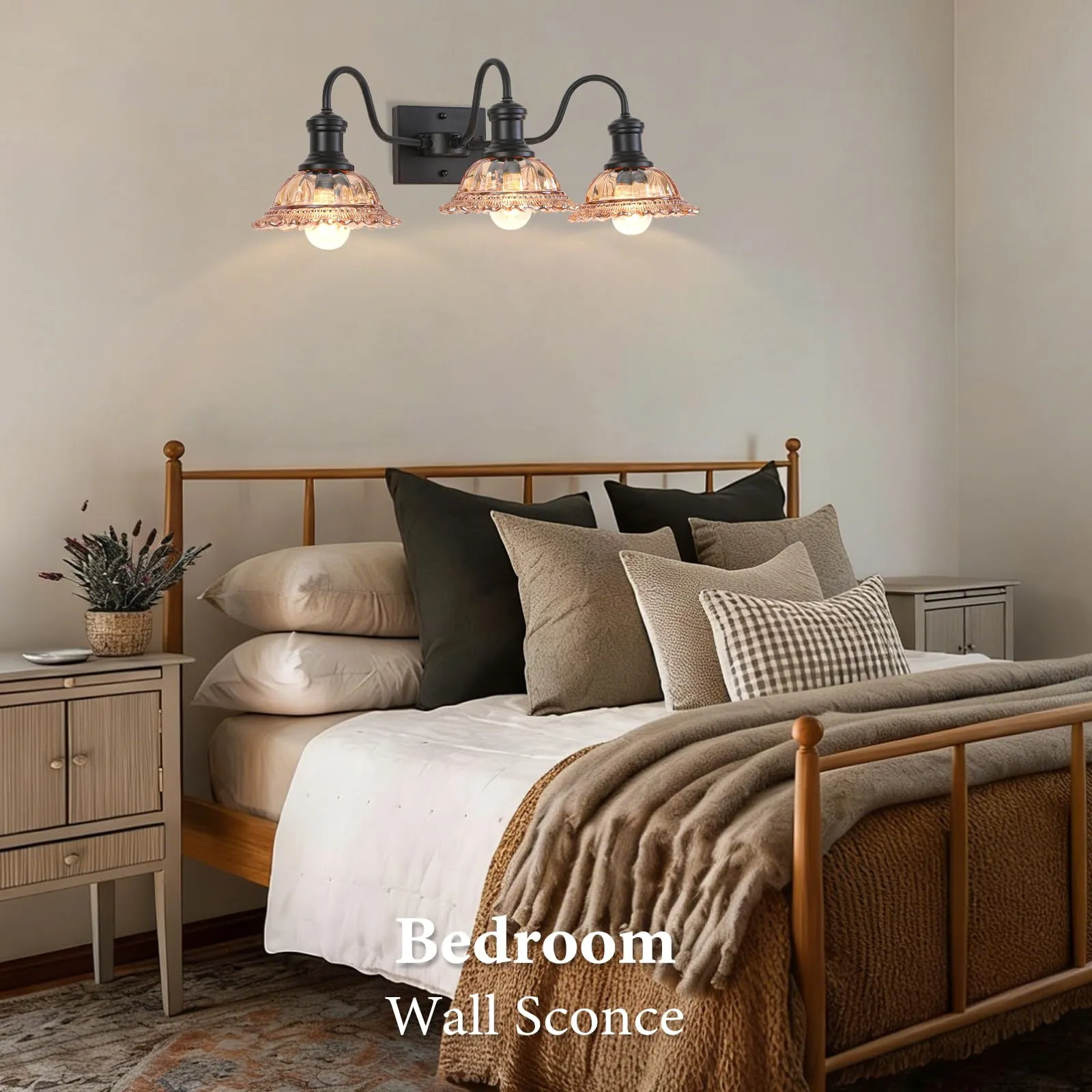 Farmhouse 3-Light Black Bathroom Light with Amber Glass Shade - Image 6