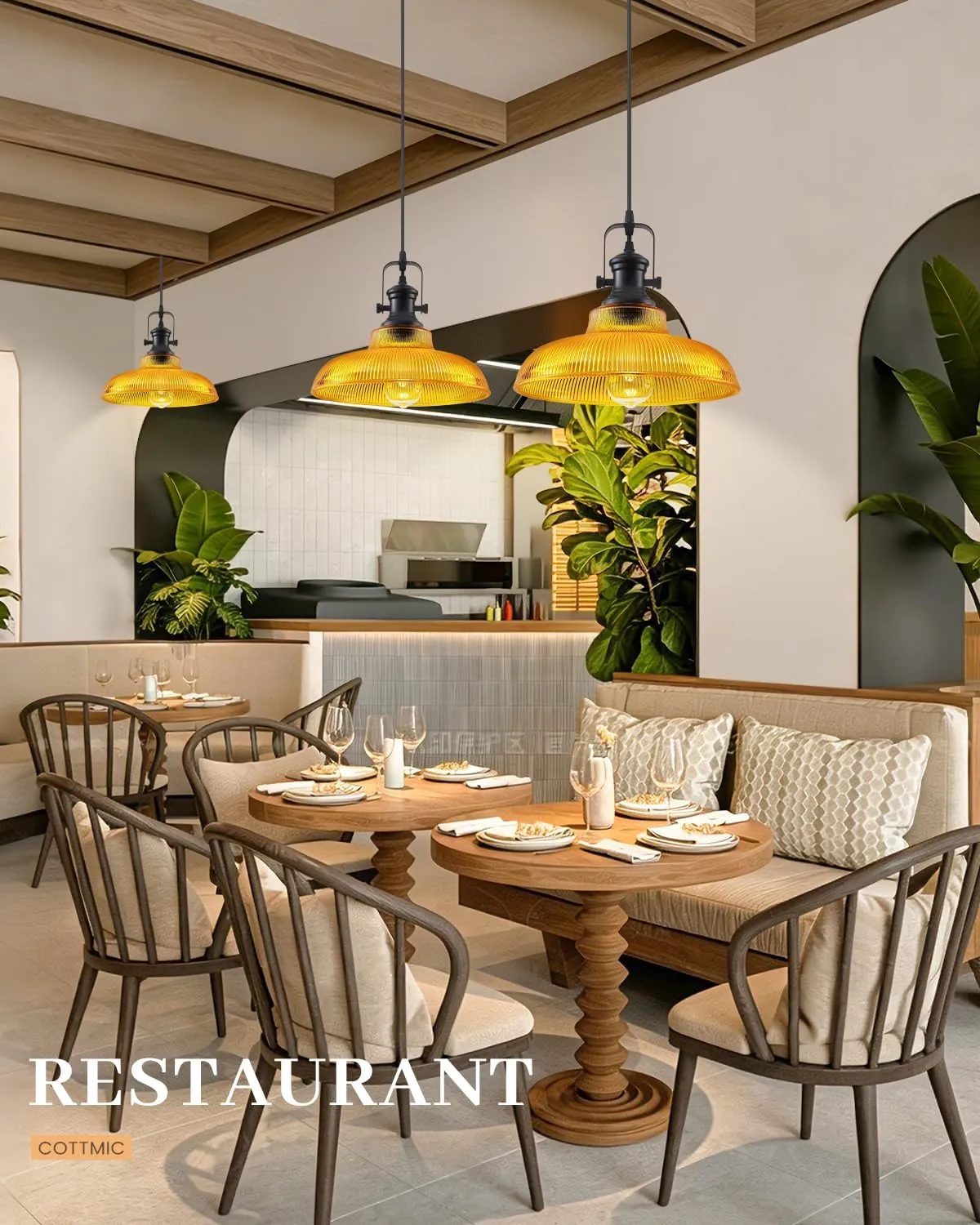 12" Orange Ribbed Glass Farmhouse Pendant Light - Image 2