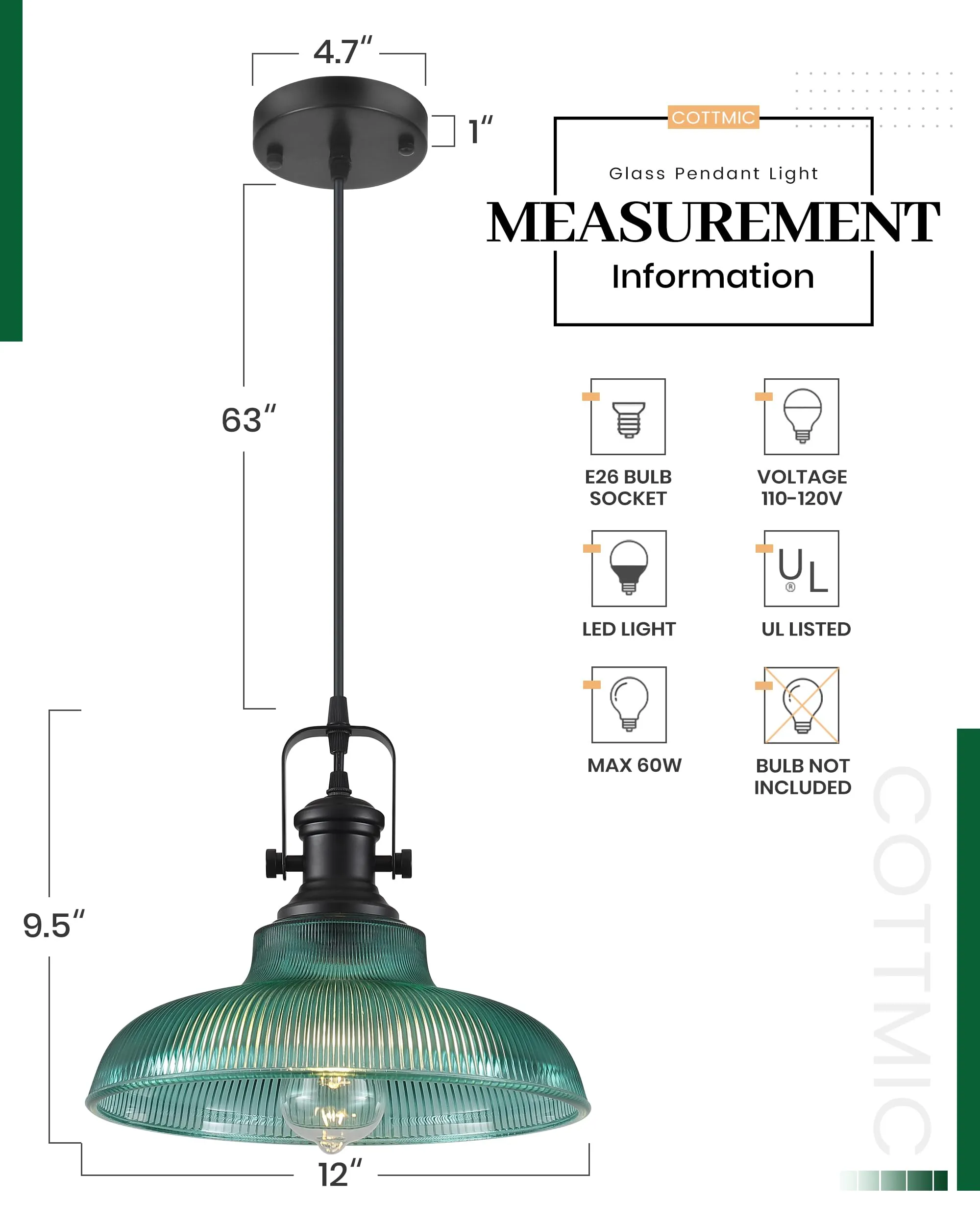 12" Green Ribbed Glass Farmhouse Pendant Light 2-Pack - Image 3