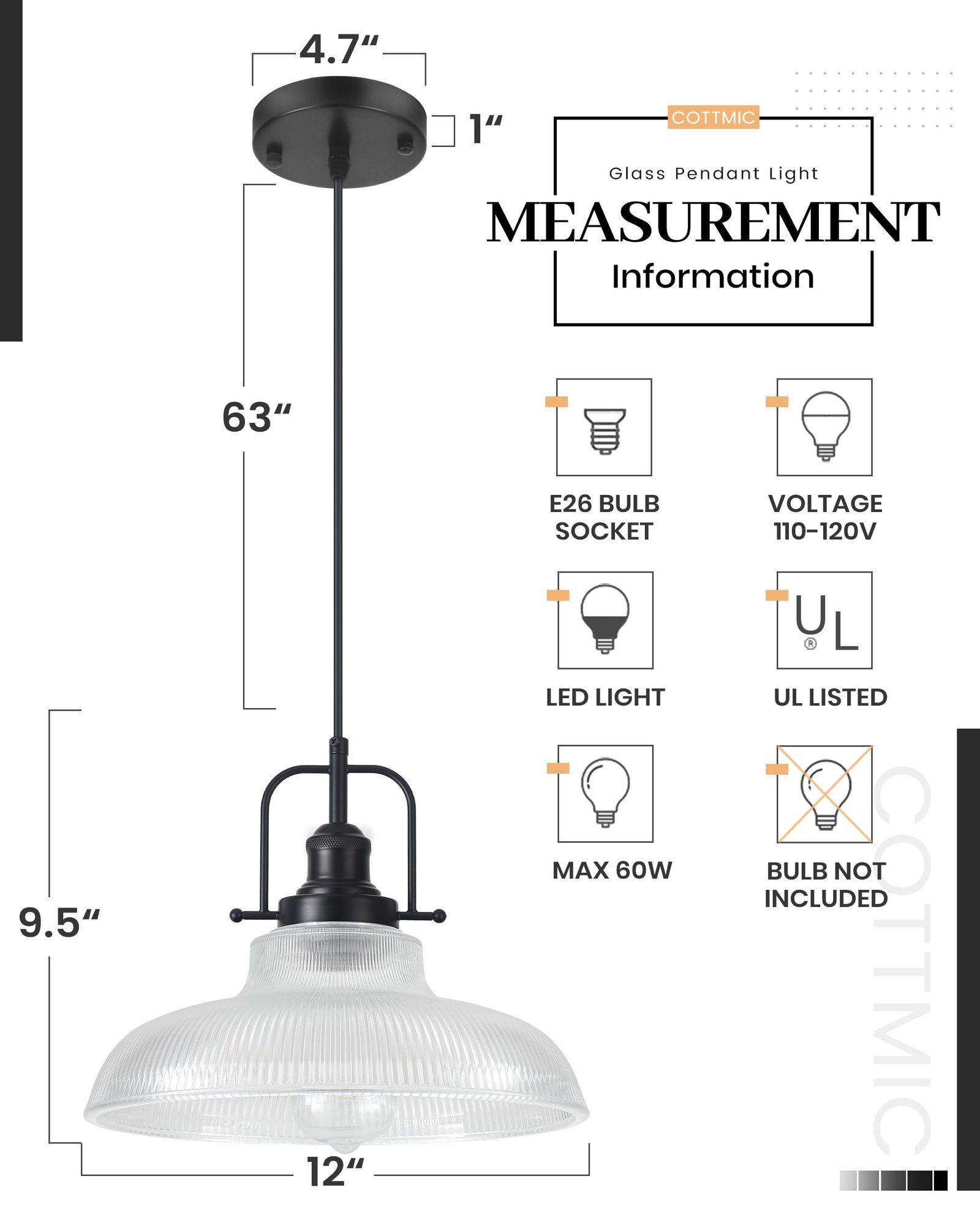 12" Black Ribbed Glass Farmhouse Pendant Light - Image 4