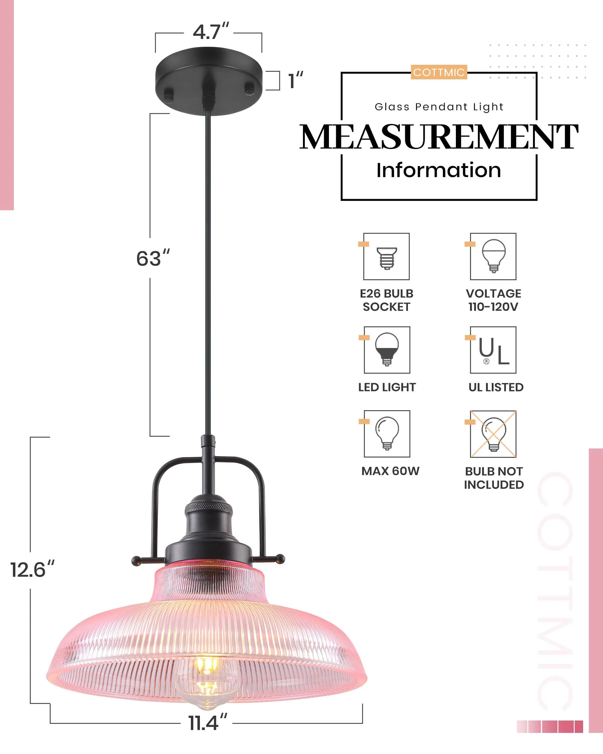 12" Pink Ribbed Glass Farmhouse Pendant Light - Image 4