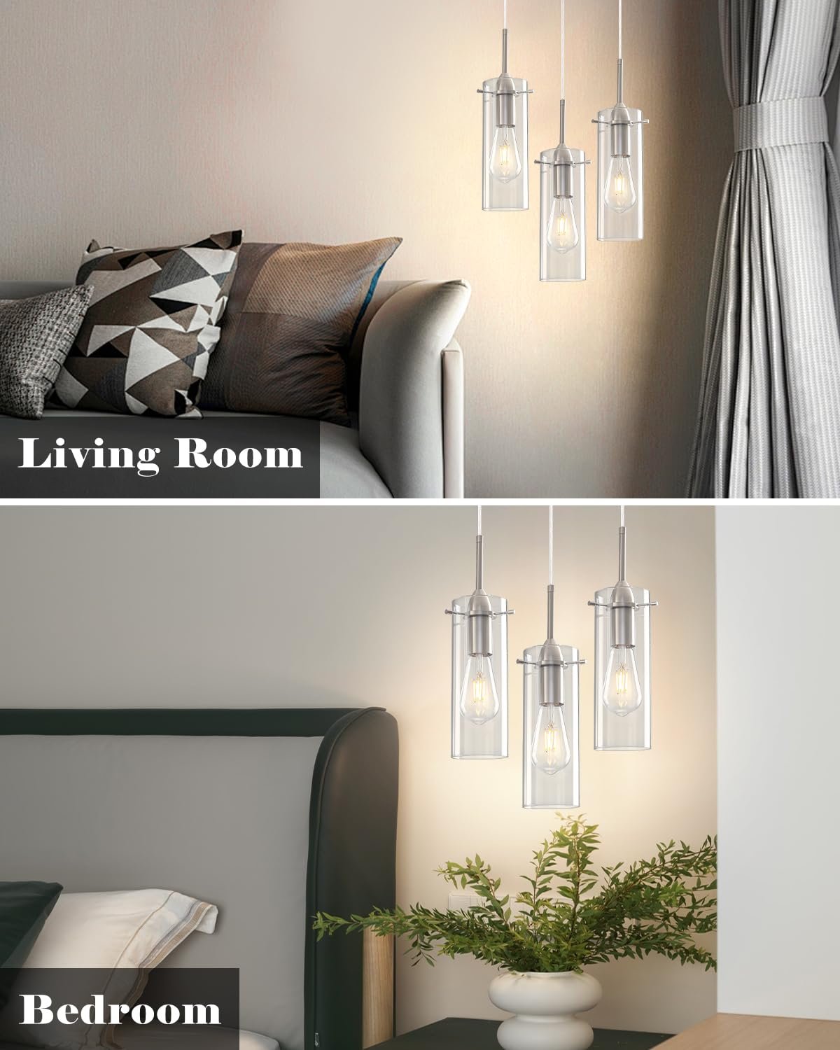 Brushed Nickel Modern Glass Pendant Light 3-Pack - Image 5