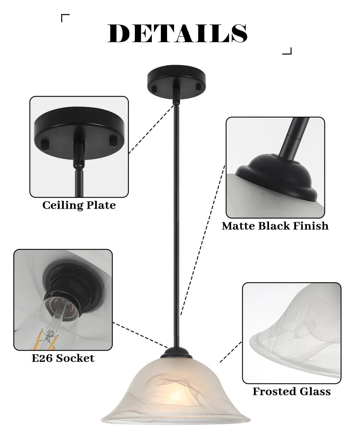 Black Farmhouse Alabaster Glass Pendant Light 11.8" with Rod - Image 4
