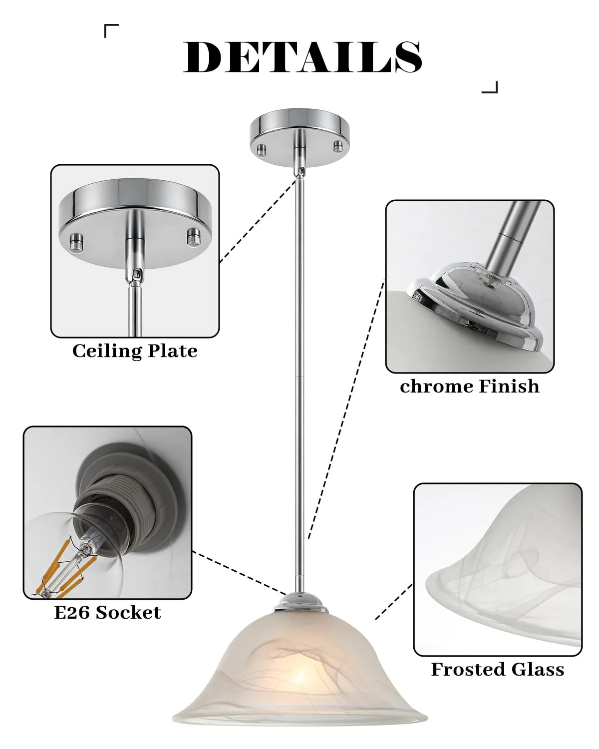 Chrome Farmhouse Frosted Glass Pendant Light 11.8" with Rod 2-Pack - Image 5