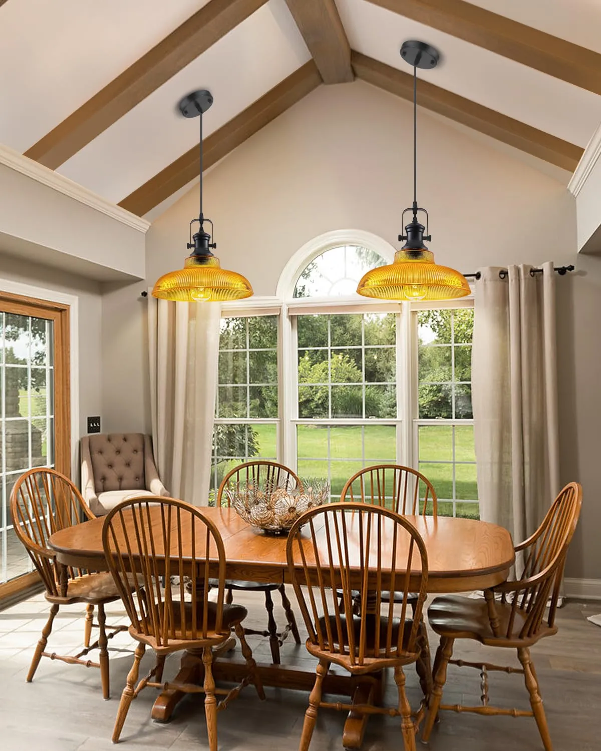 12" Orange Ribbed Glass Farmhouse Pendant Light - Image 3