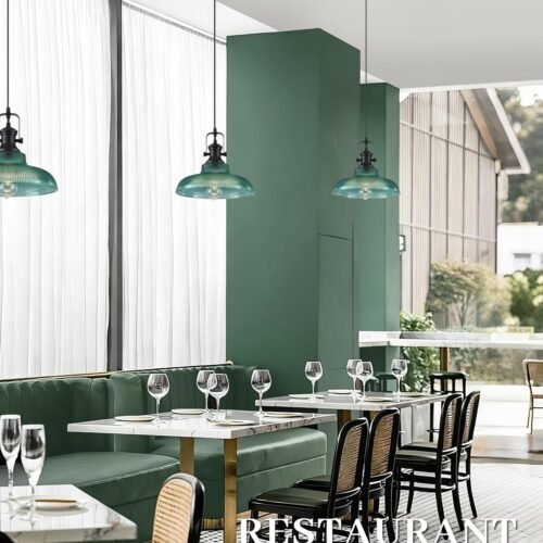 12" Green Ribbed Glass Farmhouse Pendant Light 2-Pack