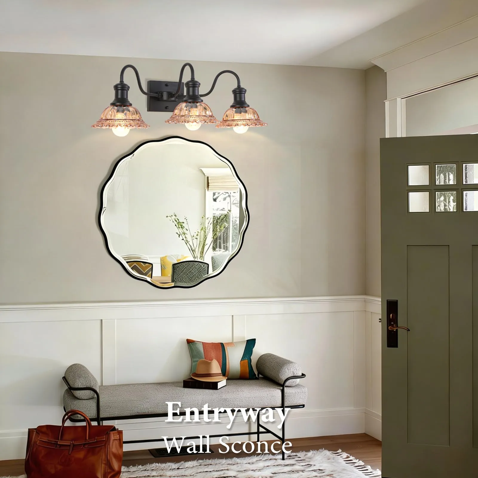 Farmhouse 3-Light Black Bathroom Light with Amber Glass Shade - Image 5