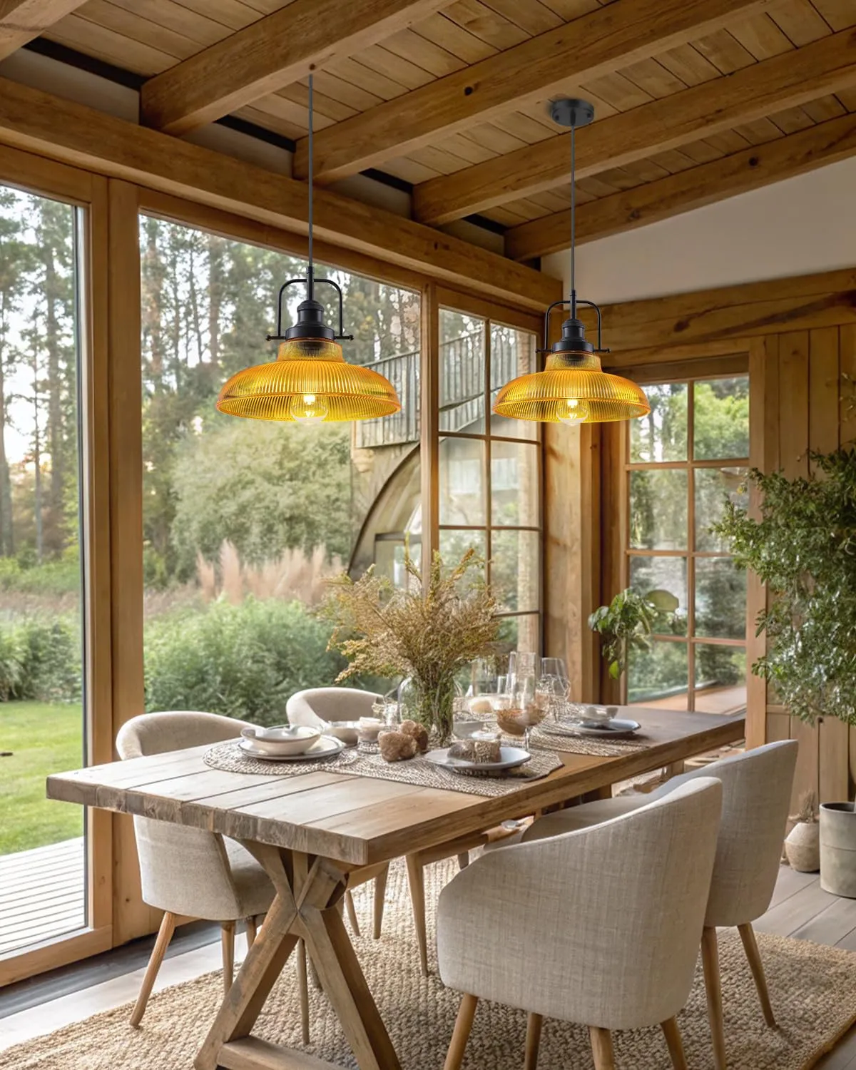 12" Orange Ribbed Glass Farmhouse Pendant Light 2-Pack - Image 3