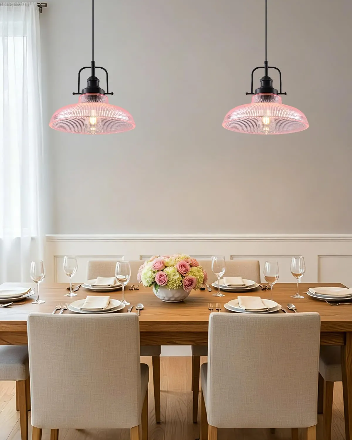 12" Pink Ribbed Glass Farmhouse Pendant Light - Image 3