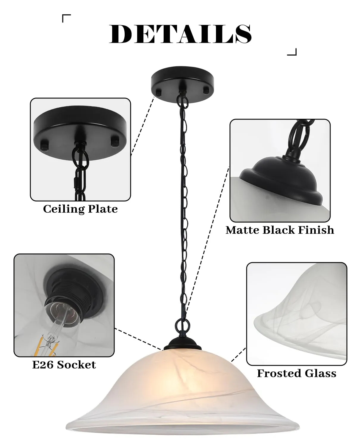 Black Oversized Frosted Glass Pendant Light 16" with Chain - Image 6
