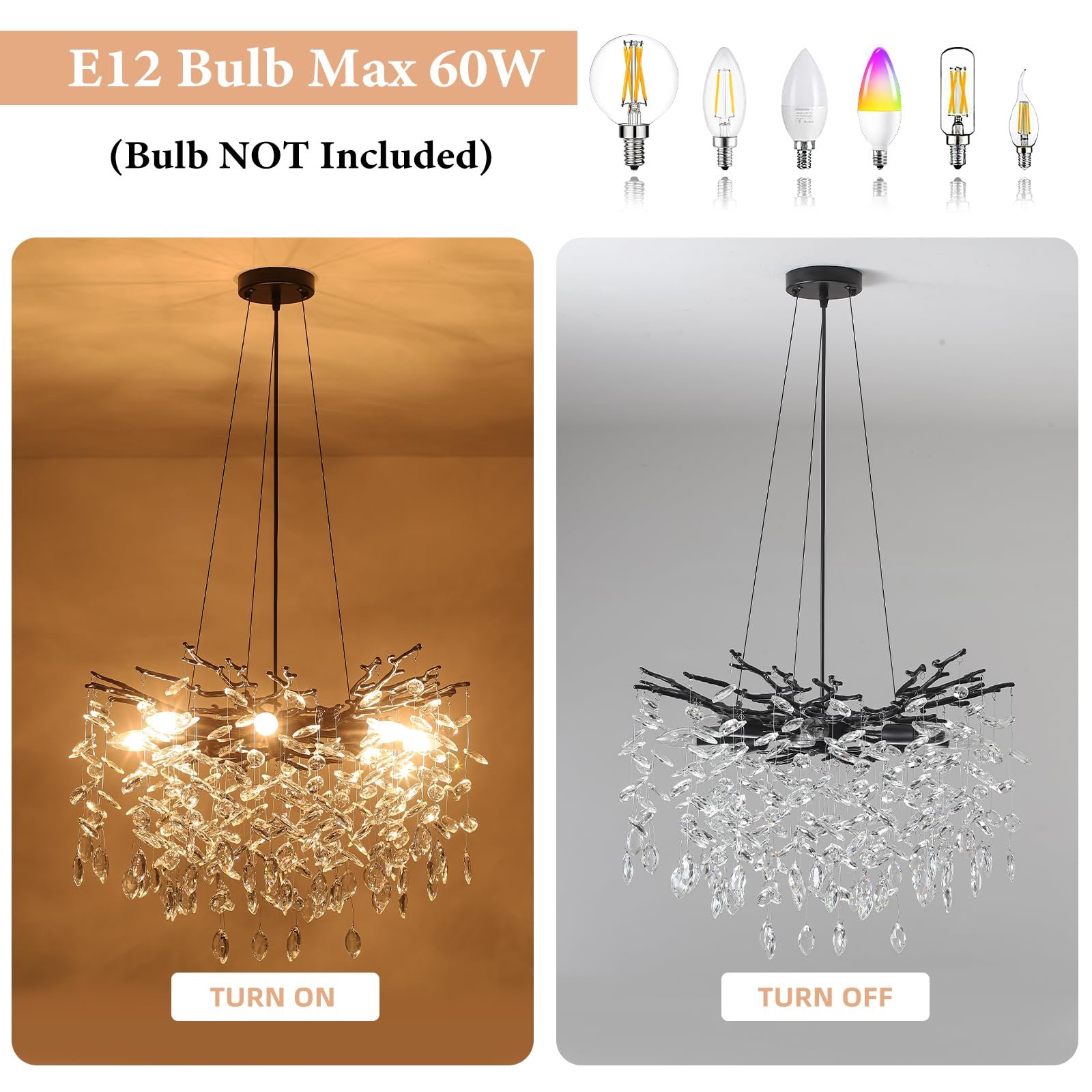 Black Tree Branch Crystal Chandelier 8-Light - Image 6