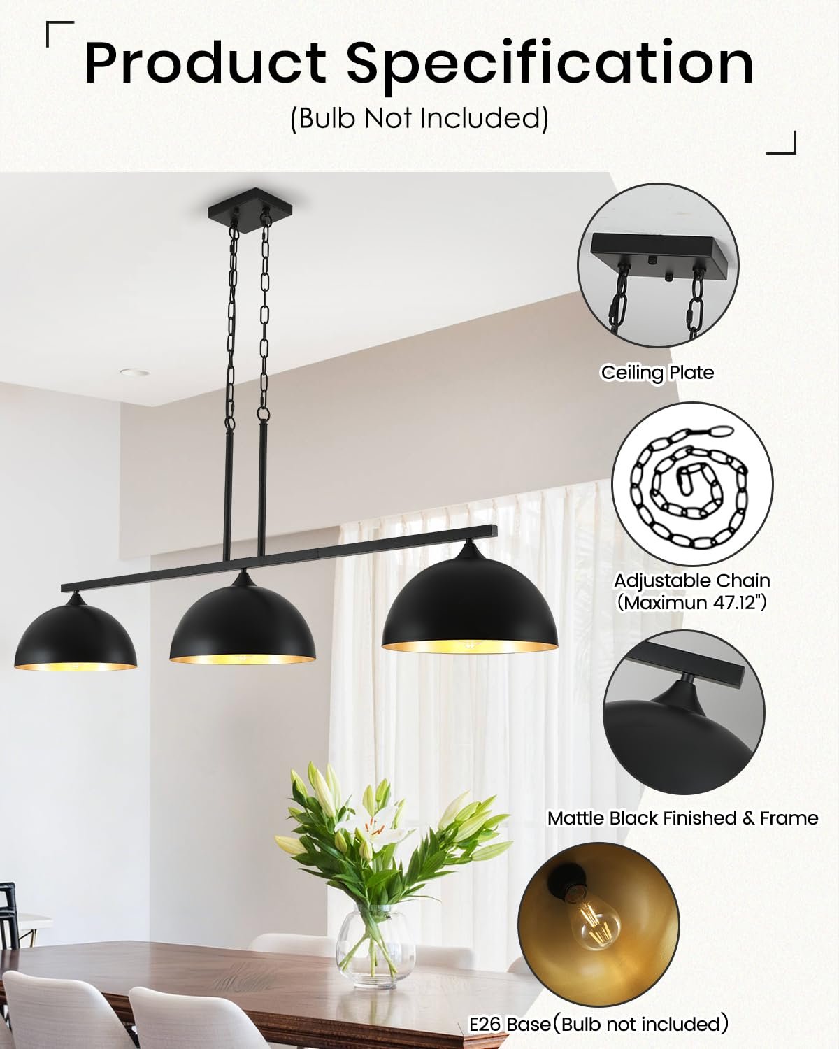 Black Farmhouse Industrial 3-Light Island Pendant Light - Image 4